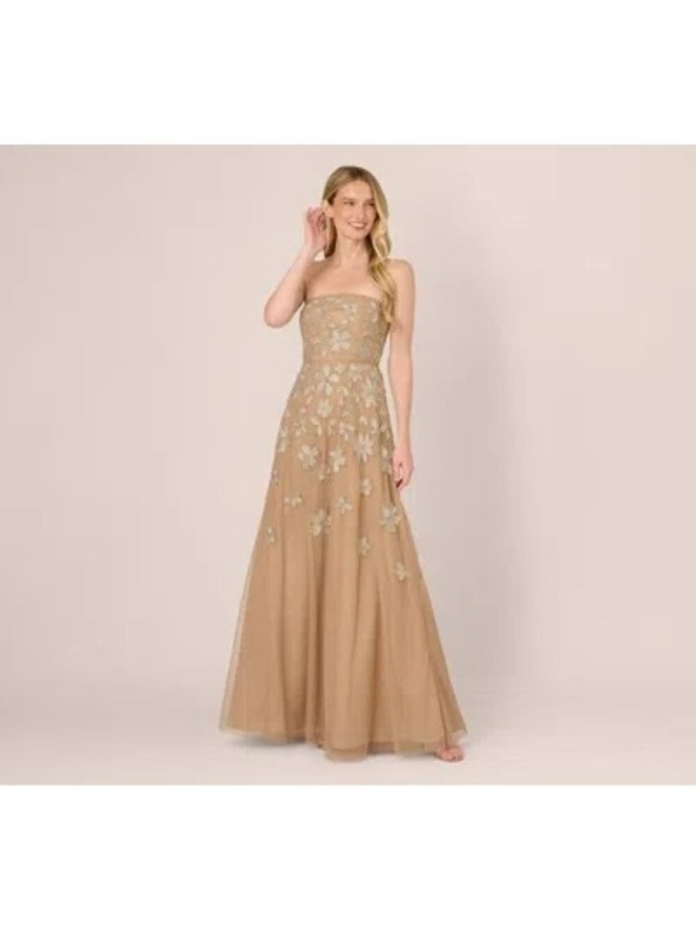 NWT ADRIANNA PAPELL Strapless Floral Beaded Embroidery Gown In Taupe size US 6